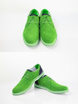 Male green leather shoe on white background, isolated product.