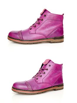 Male purple boots on white background, isolated product.