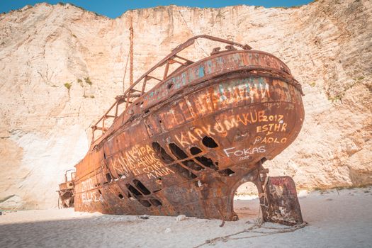 Close up of Ship Wreck beach at the Navagio beach. The most famous natural landmark of Zakynthos, Greek island.