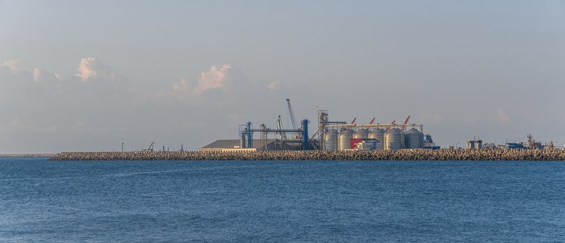 Constanta, Romania – 07.09.2019.  Panoramic view of Industrial and cargo port in Constanta, Romania, on a sunny summer day