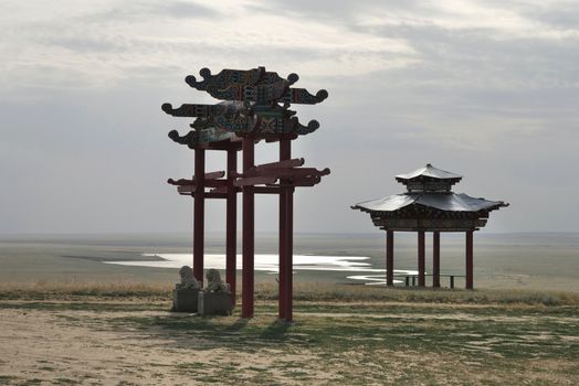 Gate of the Buddhist stupas complex in Elista (Russia, Republic Kalmykia).