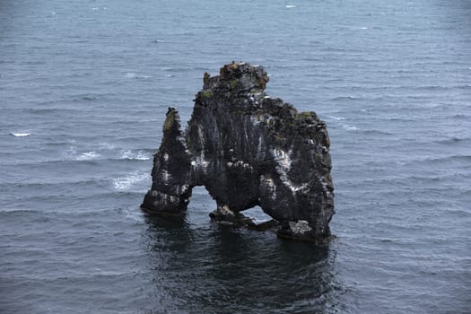 Drinking dragon, exposed rock in Iceland, seashore of the Atlantic ocean.