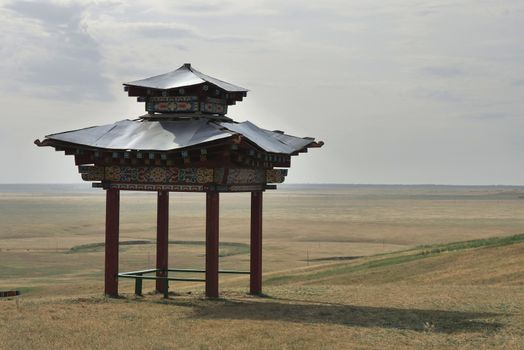 Buddhist pavilion in the field in Elista (Russia, Republic Kalmykia).