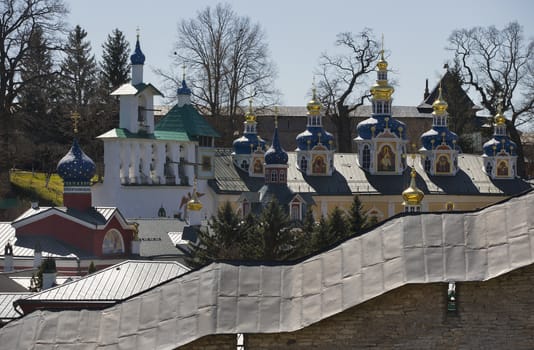 Russian monastery in Pechori city view on domes