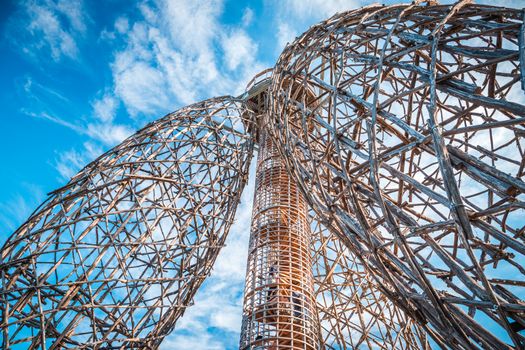 Doubravka lookout tower, view from bottom to the top. Wooden structure made of locust tree. At the edge of Prague.