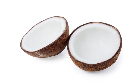 Couple of half coconuts isolated on white background clipping path.