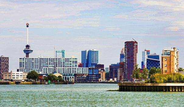 waterpainting rotterdam dutch city skyline with euromast harbor offices and houses
