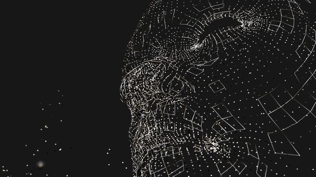 Human face consisting of luminous lines and dots. 3D illustration on a black background