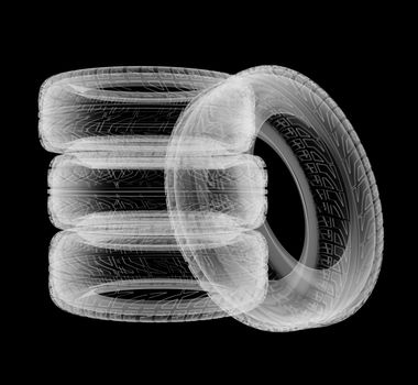 Car wheels X-Ray style. Isolated on black background. 3D illustration