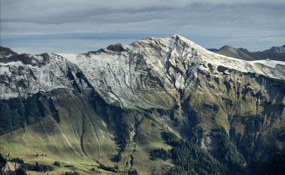 Beautiful view from Axalp with a tiny house on top of the mountain, Switzerland, Bernese Alps, Switzerland