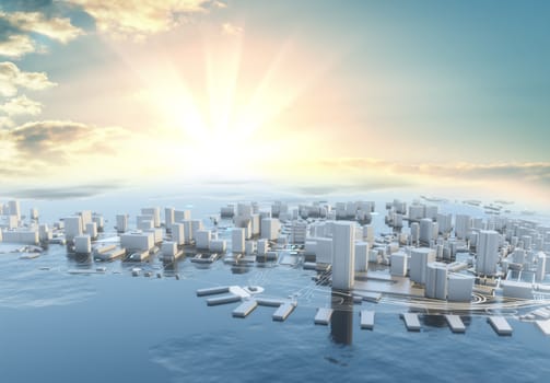 3D illustration. Futuristic City in sunny day. Sky background