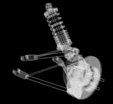 X-ray Car suspension and brake disk on black background, 3d illustration