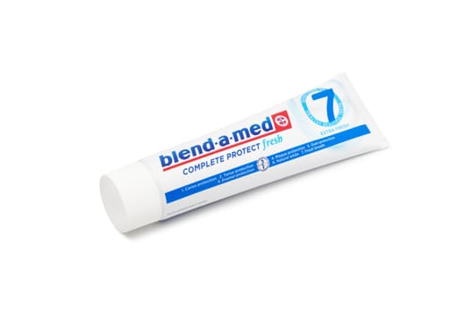 Chisinau, Moldova - October 19, 2019. Blend-A-Med toothpaste,  Extra Fresh,  made by Procter & Gamble. Isolated on white background