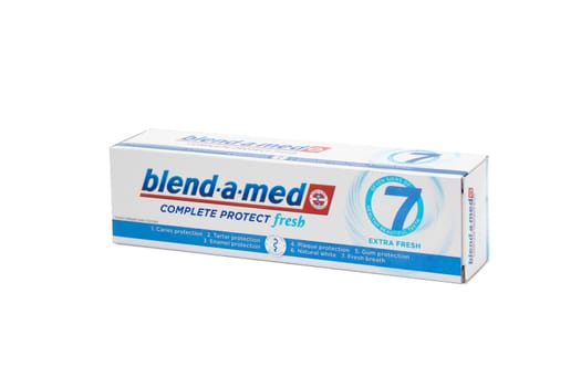 Chisinau, Moldova - October 19, 2019. Blend-A-Med toothpaste,  Extra Fresh,  made by Procter & Gamble. Isolated on white background