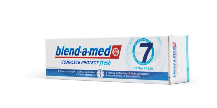 Chisinau, Moldova - October 19, 2019. Blend-A-Med toothpaste,  Extra Fresh,  made by Procter & Gamble. Isolated on white background