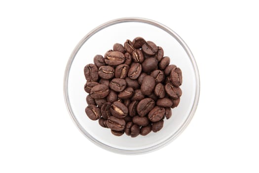 Roasted coffee beans in a glass bowl. Isolated in white background. Close up