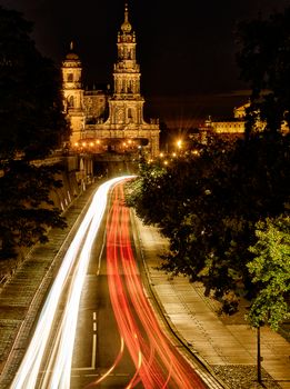 Katholische Hofkirche in Dresden with car trails leading in to the church