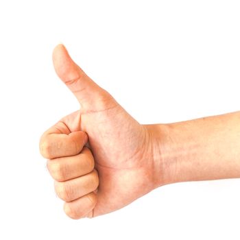 Close-up Asian male hand showing thumbs up sign against white background. Man hand index with gesture