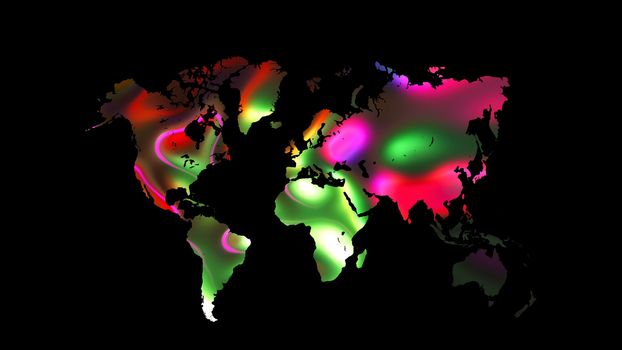 Colourful world map on black background, flat Earth, globe worldmap icon, 3d rendering backdroung