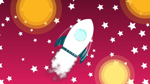 Cartoon rocket space ship with smoke launch into sky with stars, space exploration, art design startup creative idea, 3d rendering backdrop