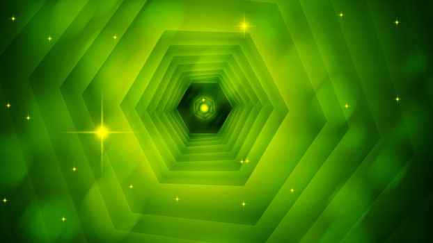 Bright abstract hexagon tunnel with sparkles, 3d render background, computer generated