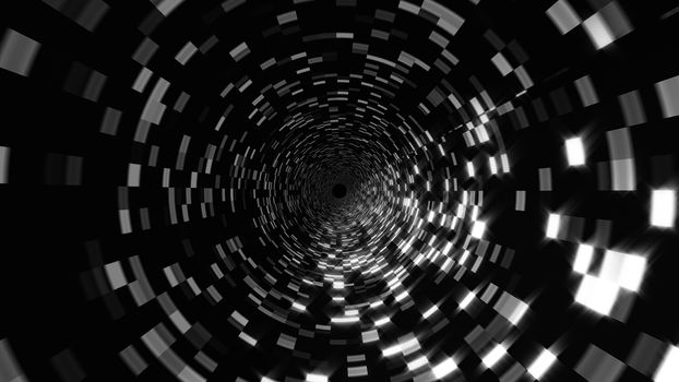 Abstract technology tunnel with shiny particles, moving in virtual space, traveling in space, 3d rendering background