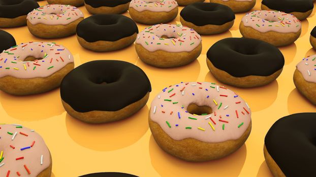 Many rows of glazed sweet donuts are of surface, modern sweet background, 3d rendering backdrop, computer generated