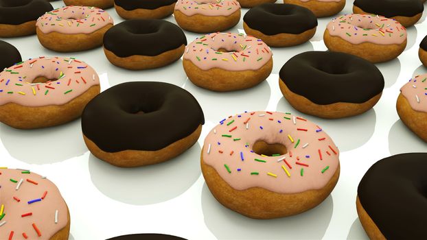 Many rows of glazed sweet donuts are of surface, modern sweet background, 3d rendering backdrop, computer generated