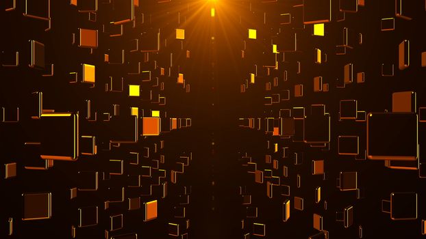 Many golden plates in space, computer generated abstract background, 3D rendering