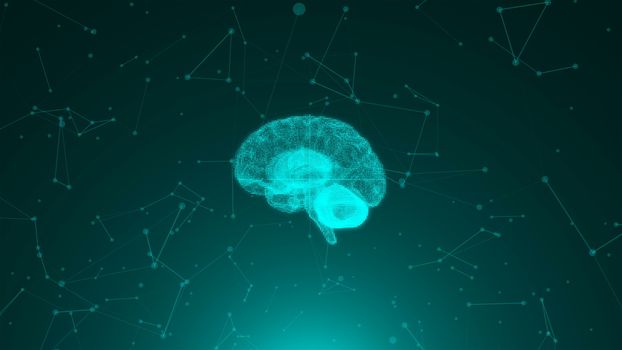 3d render of brain on background with many connection dots, concept for science, technology, internet, computer rendering backdrop