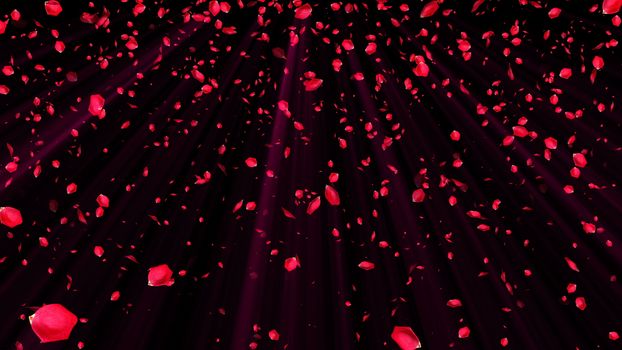 Abstract background with flying red rose petals, wedding and romantic style, 3d rendering computer generated background