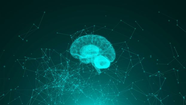 3d render of brain on background with many connection dots, concept for science, technology, internet, computer rendering backdrop