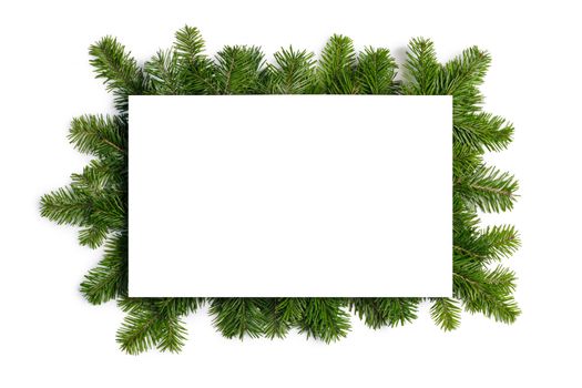 Natural fir Christmas tree border frame isolated on white , copy space for text