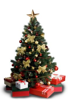 Decorative Christmas Tree and gifts isolated on white background