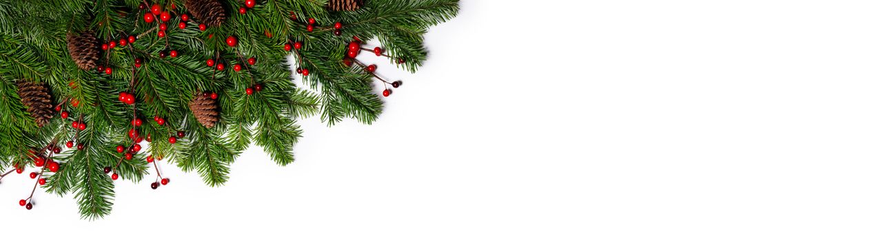 Natural fir Christmas tree border frame isolated on white , copy space for text