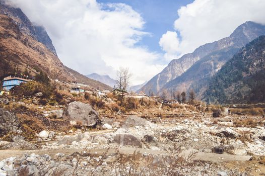 Picturesque mountain valley landscape scenery in one summer morning panoramic view.