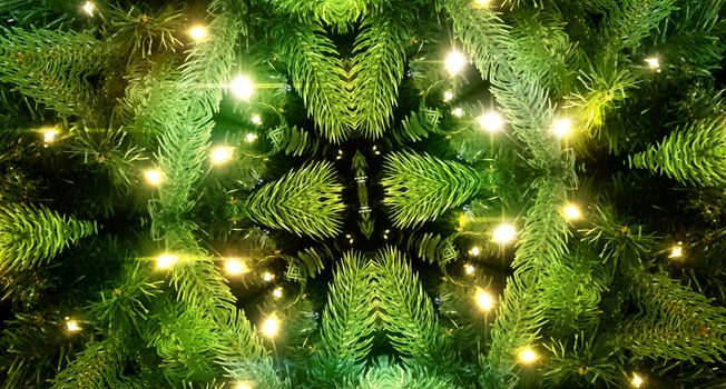 Green christmas fantasy - kaleidoscope with green branches and lights, computer generated illustration