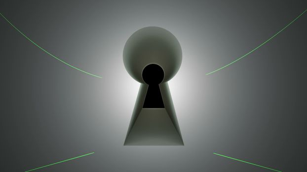 Key hole, lines and blinking fingerprint, computer generated abstract background, 3D rendering backdrop