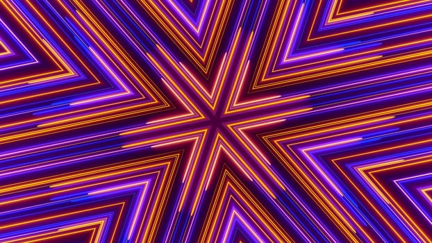 Beautiful abstract symmetry kaleidoscope with shiny neon lines, 3d rendering backdrop, computer generating background