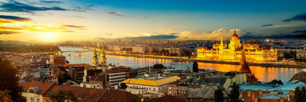 Panoramic view on illuminated Budapest in evening, Hungary