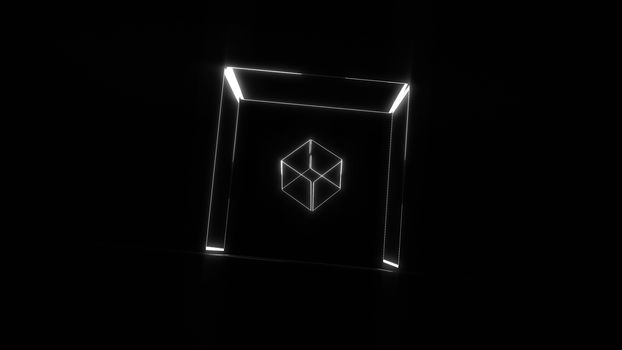 Many transparent neon cubes rotating in space, 3d rendering background, computer generating