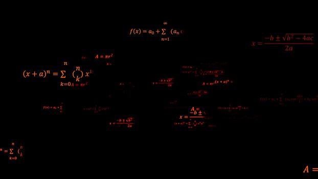 Scientific 3d background with physical and mathematical task solutions, formulas in space, 3d computer generated backdrop