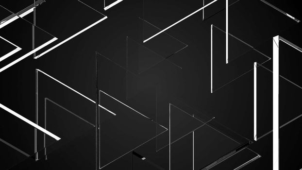 Many glass stylish transparent triangles on black, 3D rendering computer generated abstraction