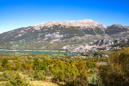 The village of Barrea and Barrea lake in Abruzzo region, Italy