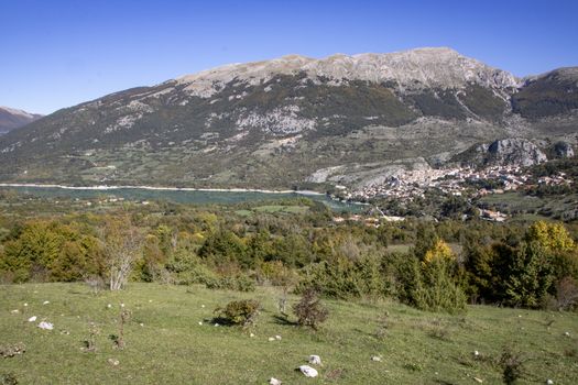 The village of Barrea and Barrea lake in Abruzzo region, Italy