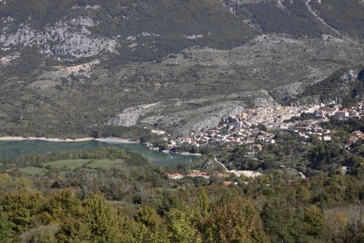 The village of Barrea and Barrea lake in Abruzzo region, Italy