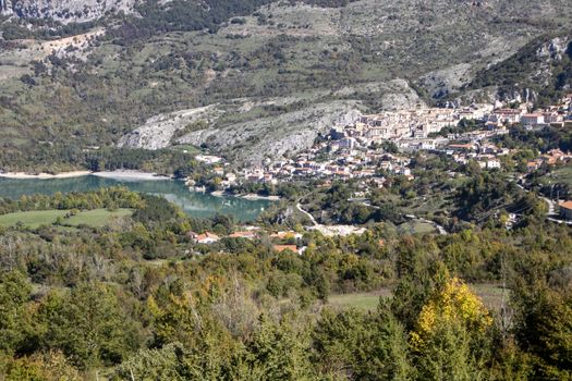 The village of Barrea and Barrea lake in Abruzzo region, Italy