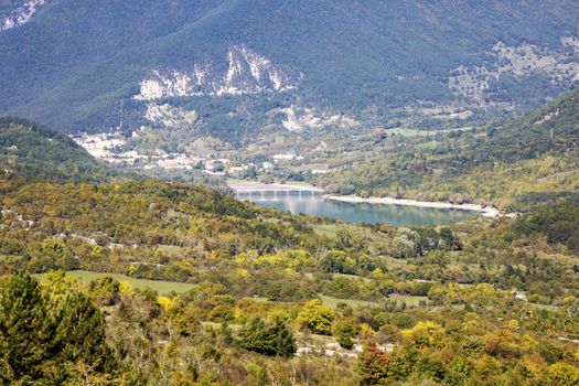 The village of Barrea and Barrea lake in Abruzzo region, Italy