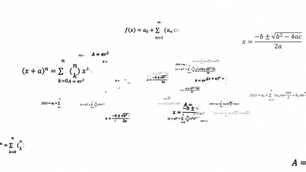 Scientific 3d background with physical and mathematical task solutions, formulas in space, 3d computer generated backdrop