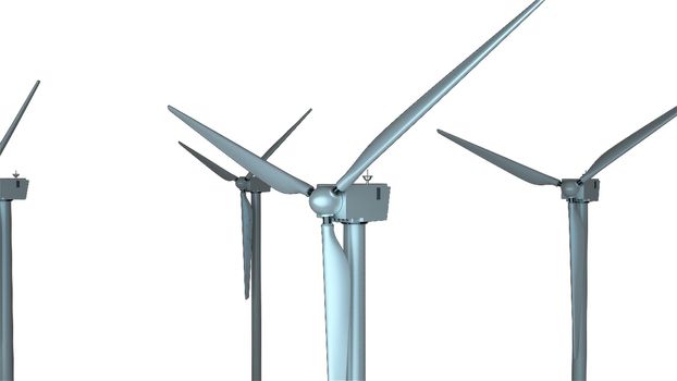 Rotating windmills in space, 3d rendering background, computer generating for ecology design